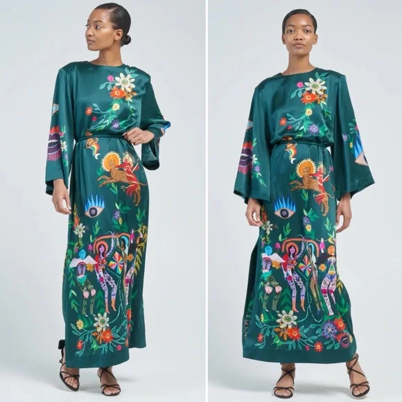 Alemais Agatha Printed Graphic Maxi Midi Slit Belted Dark Green Dress size US 6 - Picture 6 of 15